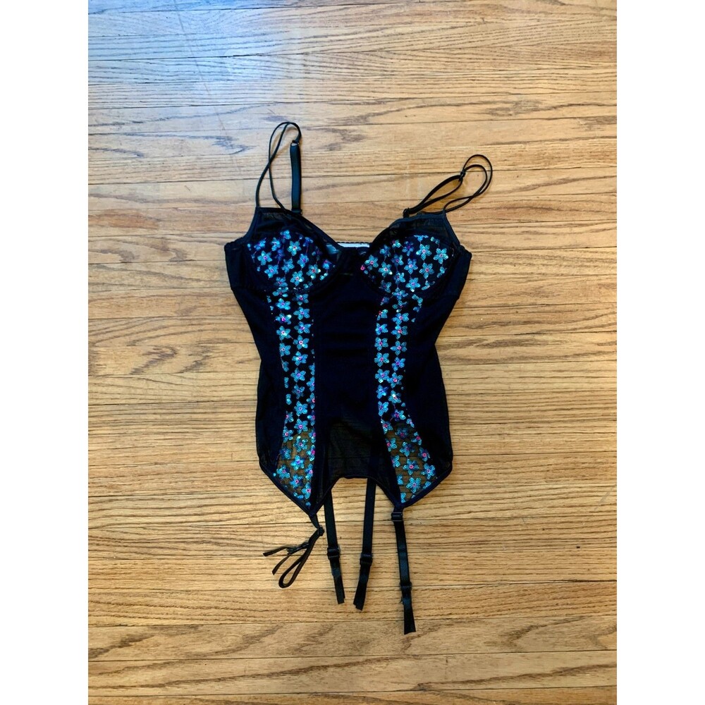 VTG The Escante Collection Lingerie Sequin Sheer Mesh Black Corset Bustier Flora